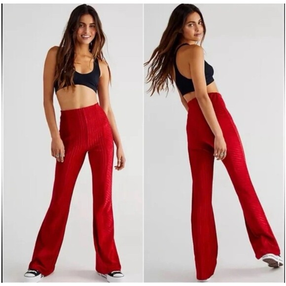 Free People Slim Pull-On Velvet Flare Pants Red XS NWOT - Picture 1 of 5